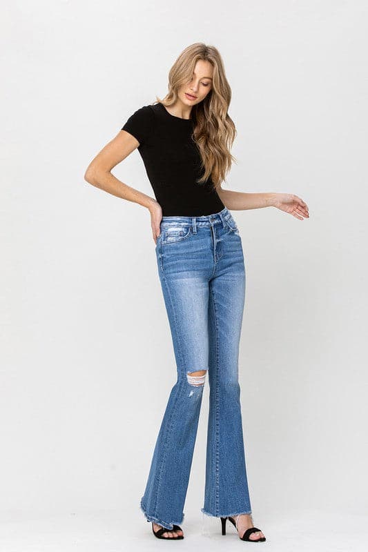 High Rise Flare Jeans With Hem Detail- Avah Couture