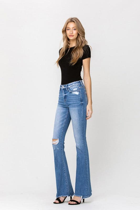 High Rise Flare Jeans With Hem Detail- Avah Couture