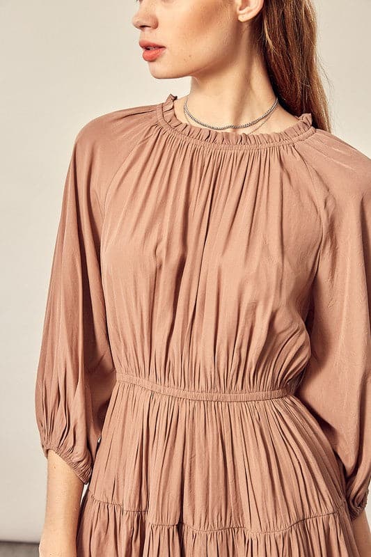 A feminine, comfy and stylish dress that makes you feel cute from top to bottom. The 3/4 sleeve, tiered skirt and ruffle detail make this dress perfect for any occasion. Style this dress with boots or heels for day wear or a night out on the town.  Avah Couture