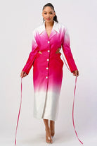 Avah Couture - Be a trendsetter this season with this color gradient white and pink trench coat. This modern coat features a side-to-back cutout and a long wrap tie, sure to get you many compliments. It has a collared neckline with notched lapels, side pockets, and a back vent for easy movement. The longline silhouette of this spring-ready piece pairs perfectly with jeans, pants, or dresses.  Collared neckline Notched lapels Pockets Back vent Longline silhouette - White/Pink