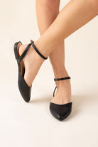 Pointed Toe Ankle Strap Flats - Black- Avah Couture