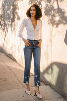 Avah Couture - High-waisted jeans with a slim straight fit and ankle length are perfect for that chic touch to your outfit. A classic 5-pocket construction, subtle distressing on the pocket and ankle, and zip-fly closure add extra style. Wear them with heels or sneakers for versatility.  High-waist Straight fit Slim silhouette Ankle length 5-pocket construction Back pocket subtle distress Ankle distress Zip-fly closure Rise 11” Inseam: 27.5" 