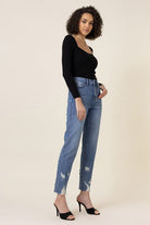 Avah Couture - High-waisted jeans with a slim straight fit and ankle length are perfect for that chic touch to your outfit. A classic 5-pocket construction, subtle distressing on the pocket and ankle, and zip-fly closure add extra style. Wear them with heels or sneakers for versatility.  High-waist Straight fit Slim silhouette Ankle length 5-pocket construction Back pocket subtle distress Ankle distress Zip-fly closure Rise 11” Inseam: 27.5" 