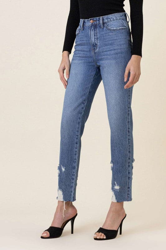 Avah Couture - High-waisted jeans with a slim straight fit and ankle length are perfect for that chic touch to your outfit. A classic 5-pocket construction, subtle distressing on the pocket and ankle, and zip-fly closure add extra style. Wear them with heels or sneakers for versatility.  High-waist Straight fit Slim silhouette Ankle length 5-pocket construction Back pocket subtle distress Ankle distress Zip-fly closure Rise 11” Inseam: 27.5" 