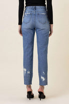 Avah Couture - High-waisted jeans with a slim straight fit and ankle length are perfect for that chic touch to your outfit. A classic 5-pocket construction, subtle distressing on the pocket and ankle, and zip-fly closure add extra style. Wear them with heels or sneakers for versatility.  High-waist Straight fit Slim silhouette Ankle length 5-pocket construction Back pocket subtle distress Ankle distress Zip-fly closure Rise 11” Inseam: 27.5" 