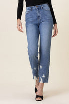 Avah Couture - High-waisted jeans with a slim straight fit and ankle length are perfect for that chic touch to your outfit. A classic 5-pocket construction, subtle distressing on the pocket and ankle, and zip-fly closure add extra style. Wear them with heels or sneakers for versatility.  High-waist Straight fit Slim silhouette Ankle length 5-pocket construction Back pocket subtle distress Ankle distress Zip-fly closure Rise 11” Inseam: 27.5" 