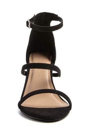 This round toe ankle strap sandal has a feminine and sexy 3 strap design, with a pin buckle fastening at the ankle. It features a mid heel, faux suede material, with a comfortable footbed. Perfect for wearing to work or a night out! Avah Couture