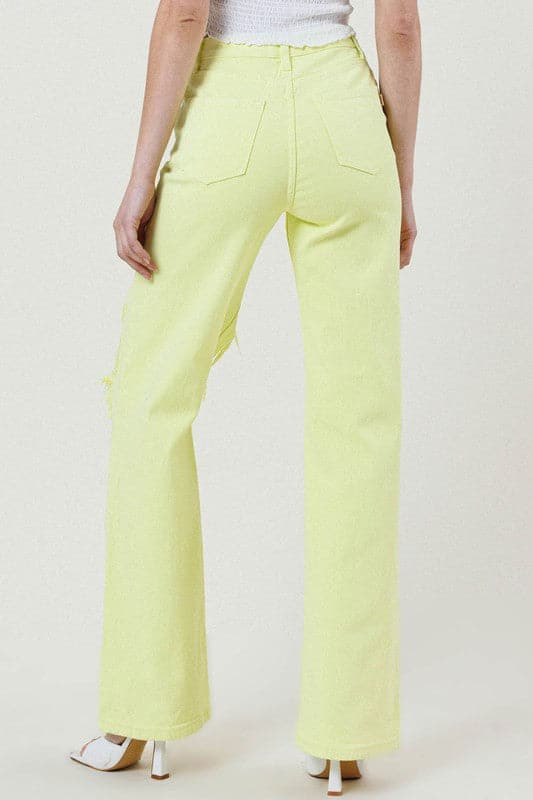 Look effortlessly stylish in these distressed wide-cut straight leg jeans. Featuring a high waist, wide leg, distressed front and 5-pocket construction. With an on-trend lime color, you’ll love how these jeans take your look to the next level - Avah Couture