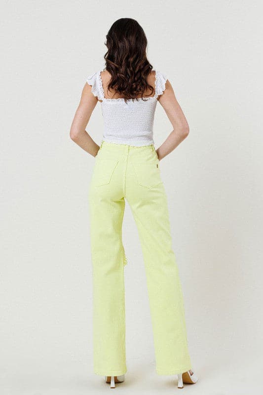 Look effortlessly stylish in these distressed wide-cut straight leg jeans. Featuring a high waist, wide leg, distressed front and 5-pocket construction. With an on-trend lime color, you’ll love how these jeans take your look to the next level - Avah Couture