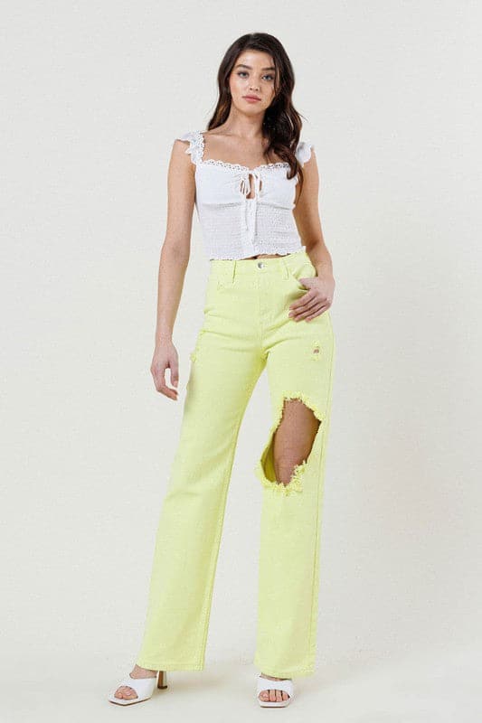 Look effortlessly stylish in these distressed wide-cut straight leg jeans. Featuring a high waist, wide leg, distressed front and 5-pocket construction. With an on-trend lime color, you’ll love how these jeans take your look to the next level - Avah Couture