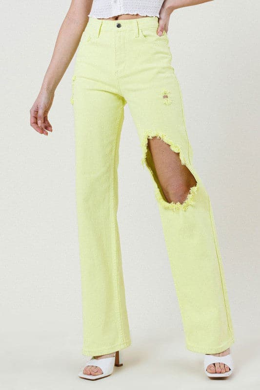 Look effortlessly stylish in these distressed wide-cut straight leg jeans. Featuring a high waist, wide leg, distressed front and 5-pocket construction. With an on-trend lime color, you’ll love how these jeans take your look to the next level - Avah Couture