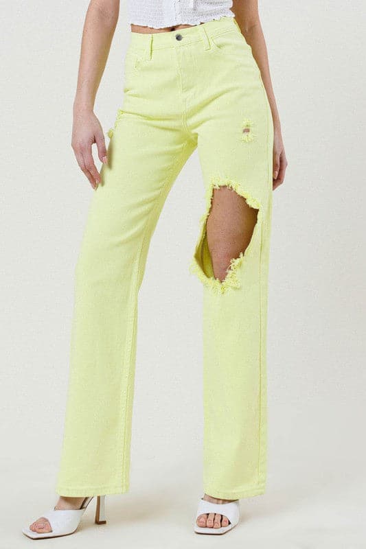 Look effortlessly stylish in these distressed wide-cut straight leg jeans. Featuring a high waist, wide leg, distressed front and 5-pocket construction. With an on-trend lime color, you’ll love how these jeans take your look to the next level - Avah Couture
