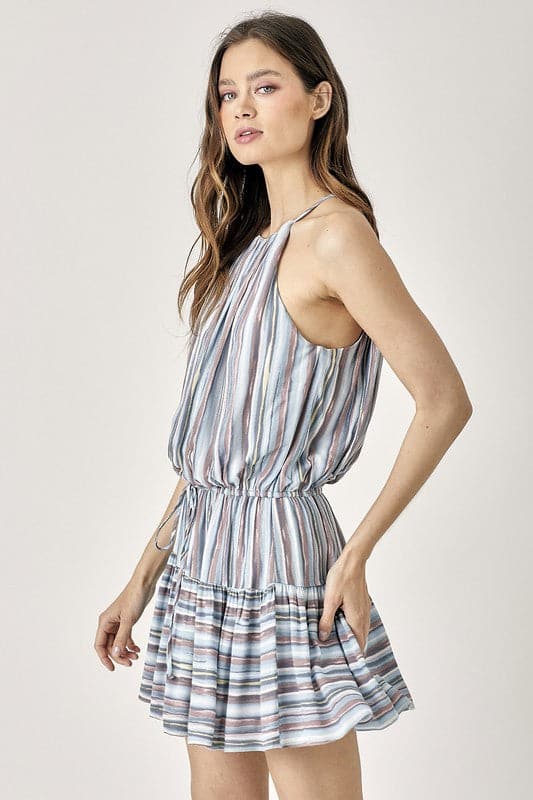 Avah Couture - Whether you’re headed for the beach or to a party, this easy-to-wear and versatile dress will have you covered. The fun striped design is perfect for an on-trend spring and summer look. This cute mini dress features a keyhole neckline and a tiered skirt. Fun, comfortable and stylish- Blue