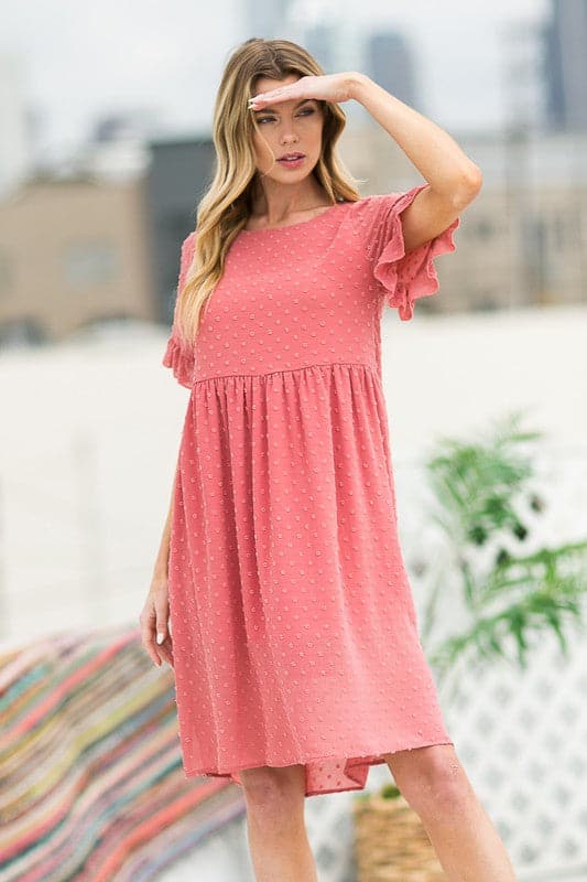 AVAH-Playful Moments Swiss Dot Ruffled Sleeve Midi Dress-Rose-Pink