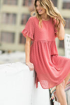 AVAH-Playful Moments Swiss Dot Ruffled Sleeve Midi Dress-Rose-Pink