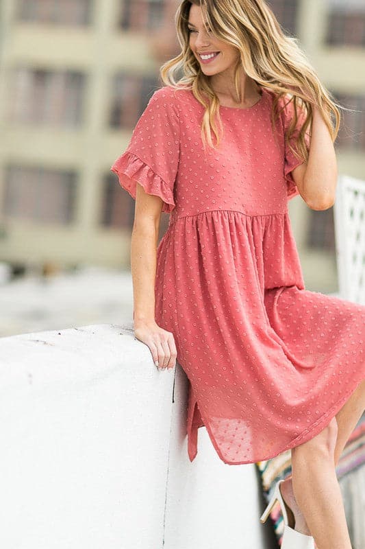 AVAH-Playful Moments Swiss Dot Ruffled Sleeve Midi Dress-Rose-Pink