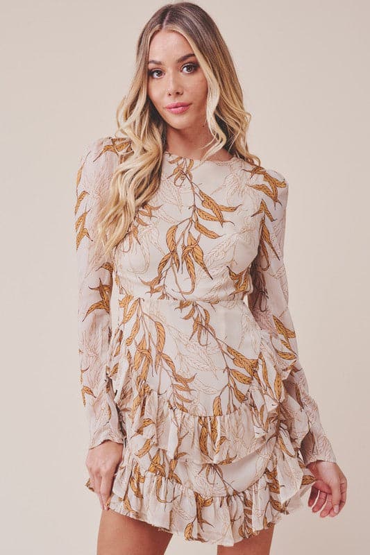 This Belinda Ruffle Long Sleeve Tiered Mini Dress has an open back with back button closure, back invisible zipper, ruffled hemline, and a unique allover print. This dress can be worn as party wear or casual wear. 