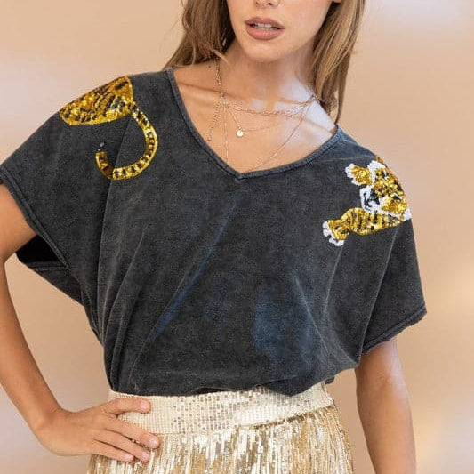 V-Neck Sequin Tiger Top-Charcoal-Avah Couture