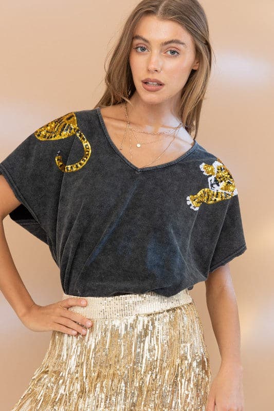 V-Neck Sequin Tiger Top-Charcoal-Avah Couture