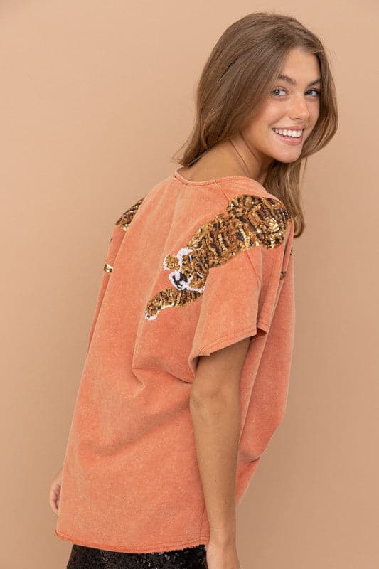 V-Neck Sequin Tiger Top-Rust-Avah Couture