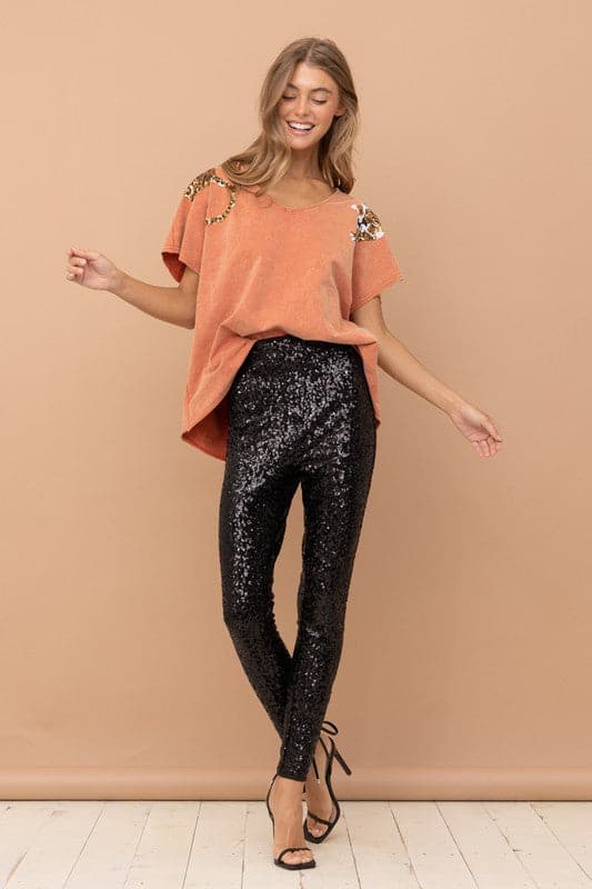 V-Neck Sequin Tiger Top-Rust-Avah Couture