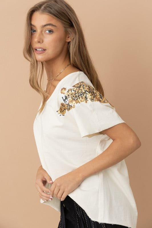 V-Neck Sequin Tiger Top-White-Avah Couture