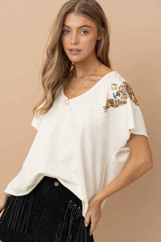 V-Neck Sequin Tiger Top-White-Avah Couture