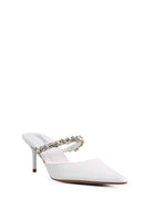 These elegant mid heels with rhinestone detail straps are the perfect finishing touch for your look. The pointed toe and sleek, sophisticated silhouette make them ideal for evening wear or just day to night style. Light, cushioning, with a dainty diamanté strap across the top, theses shoes can be paired with anything from jeans too dresses. 