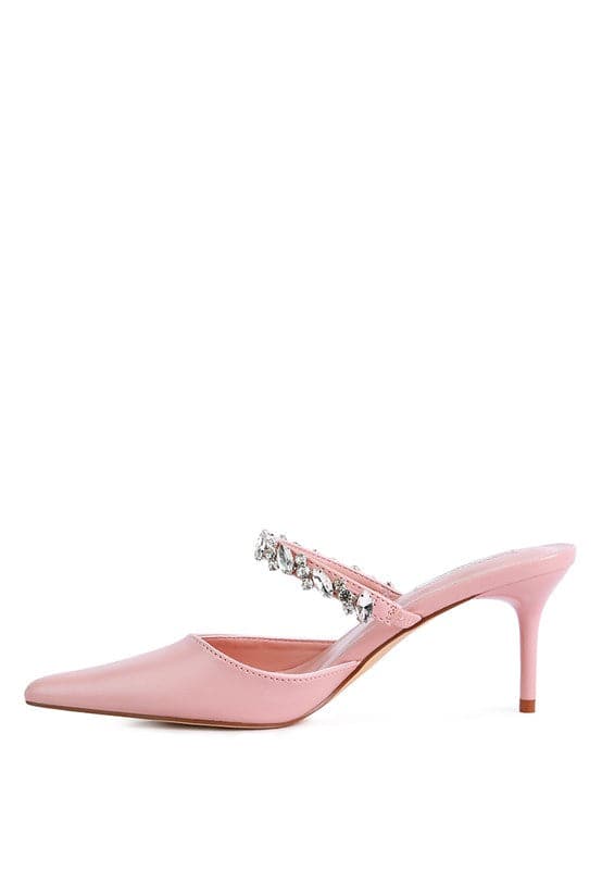 These elegant mid heels with rhinestone detail straps are the perfect finishing touch for your look. The pointed toe and sleek, sophisticated silhouette make them ideal for evening wear or just day to night style. Light, cushioning, with a dainty diamanté strap across the top, theses shoes can be paired with anything from jeans too dresses. 