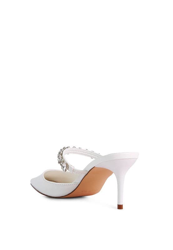 These elegant mid heels with rhinestone detail straps are the perfect finishing touch for your look. The pointed toe and sleek, sophisticated silhouette make them ideal for evening wear or just day to night style. Light, cushioning, with a dainty diamanté strap across the top, theses shoes can be paired with anything from jeans too dresses. 