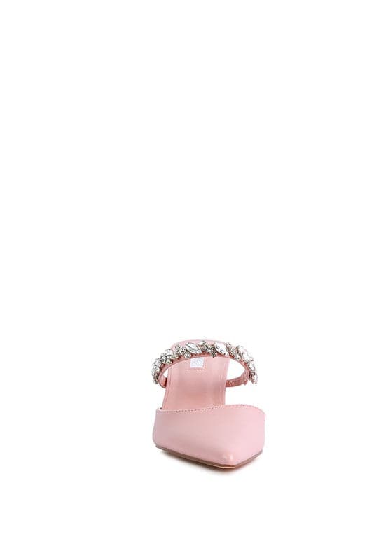 These elegant mid heels with rhinestone detail straps are the perfect finishing touch for your look. The pointed toe and sleek, sophisticated silhouette make them ideal for evening wear or just day to night style. Light, cushioning, with a dainty diamanté strap across the top, theses shoes can be paired with anything from jeans too dresses. 