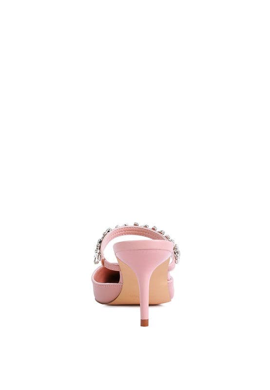 These elegant mid heels with rhinestone detail straps are the perfect finishing touch for your look. The pointed toe and sleek, sophisticated silhouette make them ideal for evening wear or just day to night style. Light, cushioning, with a dainty diamanté strap across the top, theses shoes can be paired with anything from jeans too dresses. 