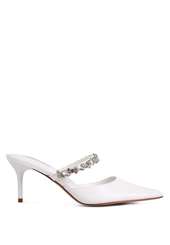 These elegant mid heels with rhinestone detail straps are the perfect finishing touch for your look. The pointed toe and sleek, sophisticated silhouette make them ideal for evening wear or just day to night style. Light, cushioning, with a dainty diamanté strap across the top, theses shoes can be paired with anything from jeans too dresses. 