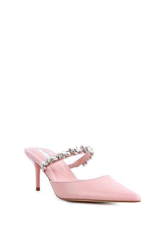 These elegant mid heels with rhinestone detail straps are the perfect finishing touch for your look. The pointed toe and sleek, sophisticated silhouette make them ideal for evening wear or just day to night style. Light, cushioning, with a dainty diamanté strap across the top, theses shoes can be paired with anything from jeans too dresses. 