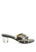 Set yourself apart from the rest with these stunning metallic outlined slides. The sculpted clear heel adds a touch of luxury, and the croc textured upper gives them a statement-making finishing touch-Avah Couture