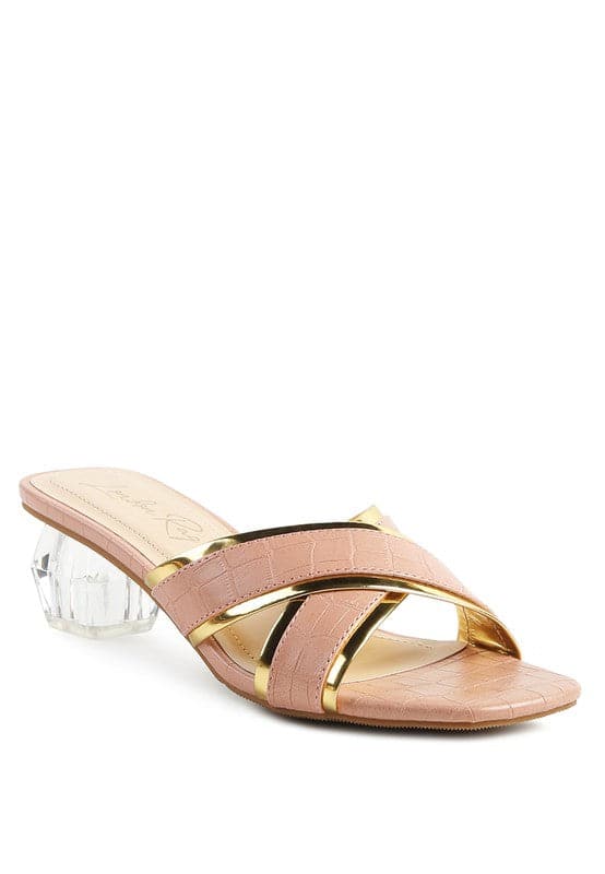 Set yourself apart from the rest with these stunning metallic outlined slides. The sculpted clear heel adds a touch of luxury, and the croc textured upper gives them a statement-making finishing touch-Avah Couture