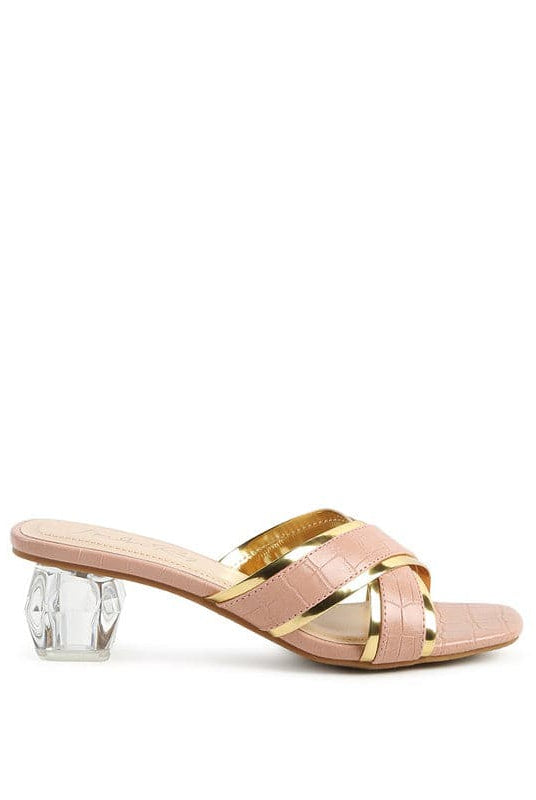 Set yourself apart from the rest with these stunning metallic outlined slides. The sculpted clear heel adds a touch of luxury, and the croc textured upper gives them a statement-making finishing touch-Avah Couture