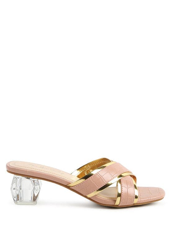 Set yourself apart from the rest with these stunning metallic outlined slides. The sculpted clear heel adds a touch of luxury, and the croc textured upper gives them a statement-making finishing touch-Avah Couture