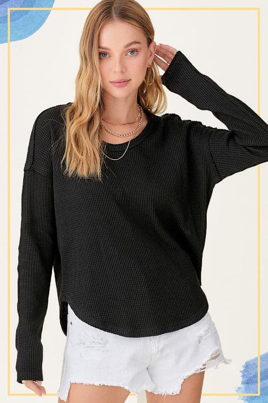 Who said casual can’t be stylish? This long sleeve top will give you that ease of mind look, with its waffle knit fabric and raw edge details. Perfect for everyday wear! Avah Couture