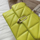 This quilted vegan leather bag is a conversation starter. It’s definitely a bag that you carry around and wear everywhere you want to stand out. This bag has a shoulder length chain strap that can be doubled up to carry shorter, and has dual inside compartment with inner zipper pocket. Gold turn lock closure completes the look. 