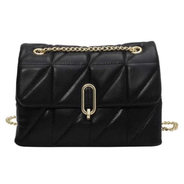 This quilted vegan leather bag is a conversation starter. It’s definitely a bag that you carry around and wear everywhere you want to stand out. This bag has a shoulder length chain strap that can be doubled up to carry shorter, and has dual inside compartment with inner zipper pocket. Gold turn lock closure completes the look. 