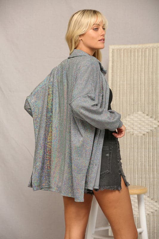 This Disco Groovin’ Shacket is covered in trans sequins that are sure to make you stand out at any holiday or casual gathering. Dress it up or down, you'll be looking and feeling your best. The chandelle sleeves will flatter your arms and make you feel comfortable while the slim fit will show off those curves! This unique button down shacket is 100% polyester. Avah Couture