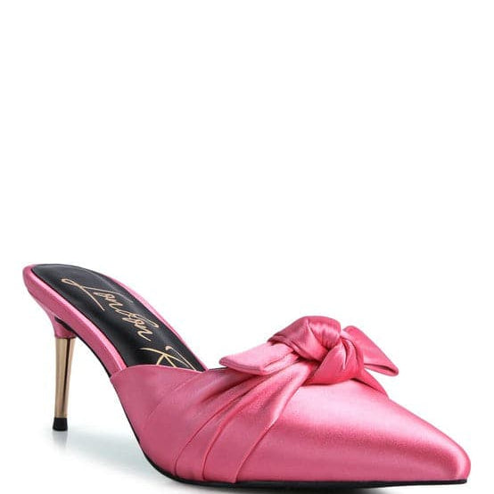 pink satin knot heeled mule sandal