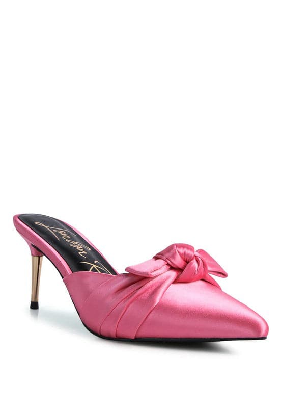 pink satin knot heeled mule sandal