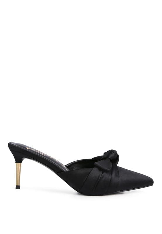 black satin knot heeled mule sandal avah couture