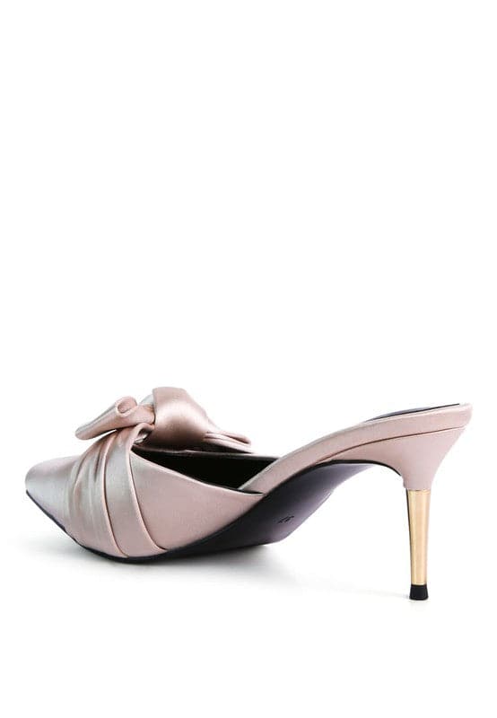 champaign satin knot heeled mule sandal