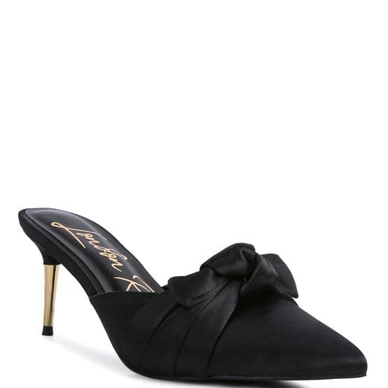 black satin knot heeled mule sandal