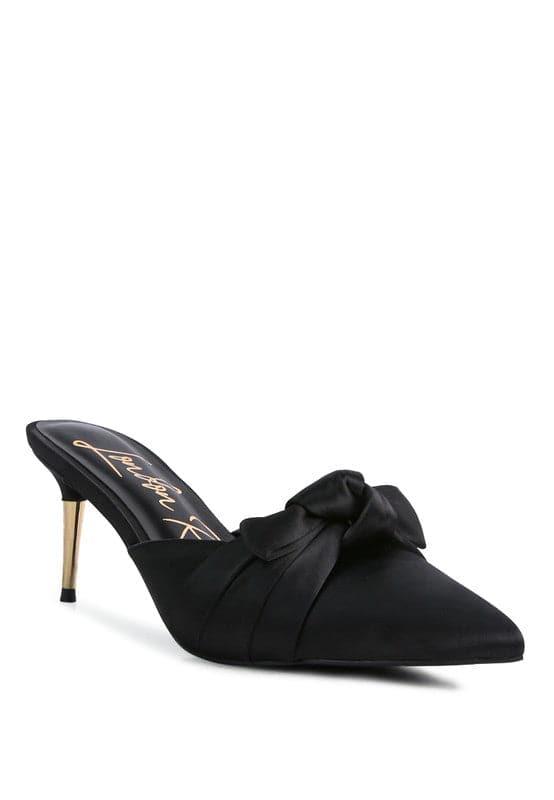 black satin knot heeled mule sandal