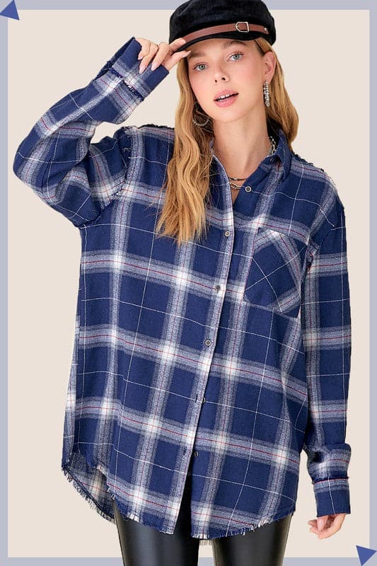 Your new favorite flannel! This oversized checkered plaid shirt is an essential top to add to your closet. Featuring a nice, oversize silhouette and subtle distressing at the sleeves and hemline. This plaid flannel shirt has long sleeves, full button front and will add effortless style to your wardrobe. Great paired with everything from denim to trousers, this comfy flannel shirt is great for loungewear days or weekend wear!  Avah Couture