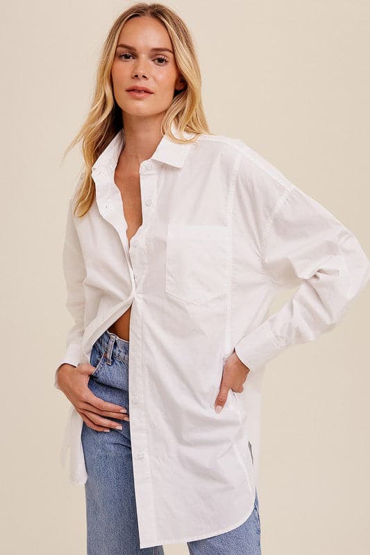 Add instant edge to your wardrobe with this oversized, trendy button down shirt. Made of 100% cotton, it has a casual chic look that wears well Monday through Friday and also goes nicely with jeans on the weekend. It's finished with a clean curved hem and patch pocket on the chest.